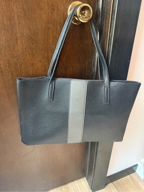Vince Camuto Pebbled Vegan Leather Luck Tote in black with gray stripe